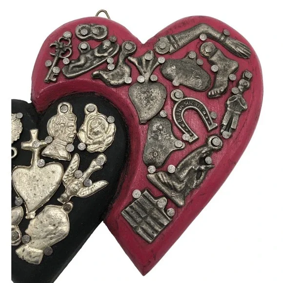 Red & Black Mexican Milagro Wooden Double Heart with Silver Pins Folk Art